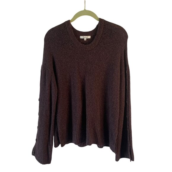 MADEWELL Solid Brown Button-Sleeve Alpaca Wool Round Neck Pullover Sweater Small - Picture 4 of 10
